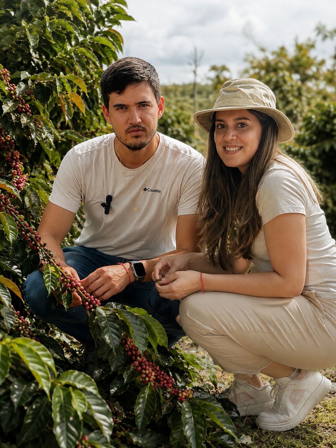 Mateo Andrango y María Camila entre cafetos cargados de cerezas